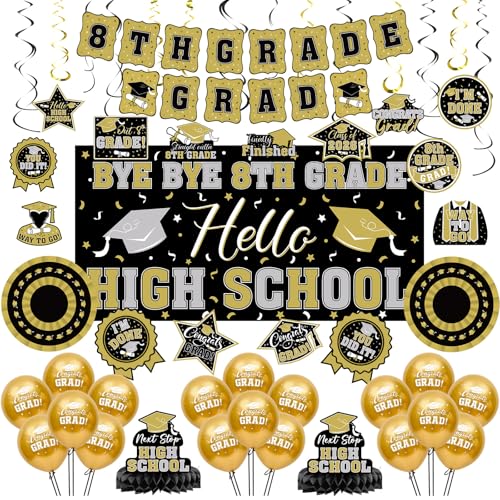 Gueevin 2026 8th Grade Graduation Decorations Kit Bye Bye 8th Grade Hello High School Decorations Banner Balloon Hanging Swirls Large Graduation Party Supplies for Middle School Graduations(Gold)