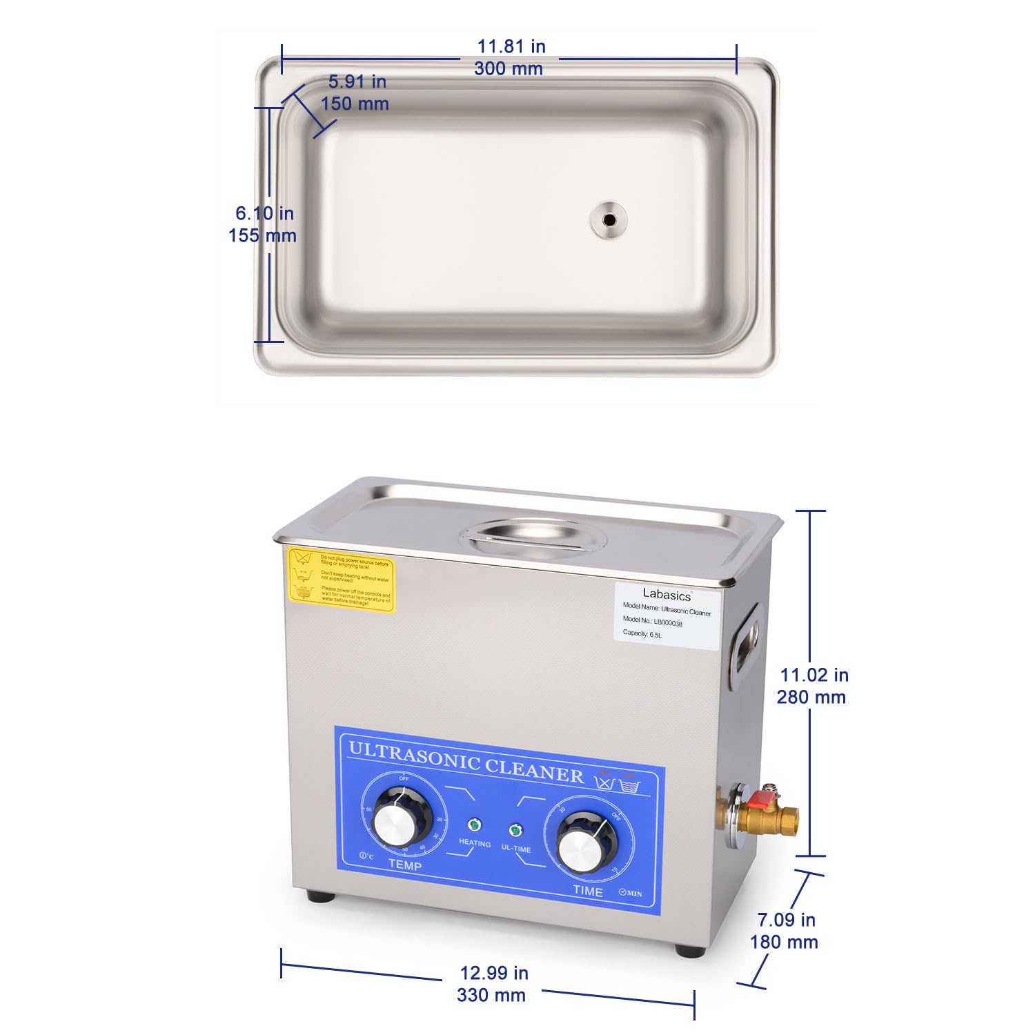 Labasics Myjka ultradźwiękowa 6,5 L ze stali nierdzewnej 304, profesjonalny cyfrowy oczyszczacz do laboratorium, z ogrzewaniem i timerem, panel mechaniczny, 40 kHz, 220V, do czyszczenia narzędzi i