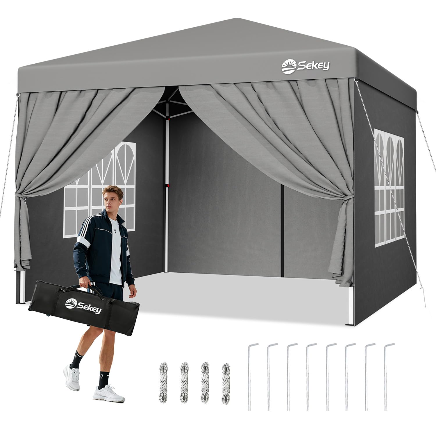 Sekey Pop Up Gazebo with Sides 3m x 3m, Heavy Duty Gazebo with Carry Bag, Instant Setup, Waterproof 1000mm - Marquee Garden Party Tent Outdoor, (Grey, 3x3 with Sides) — image 1
