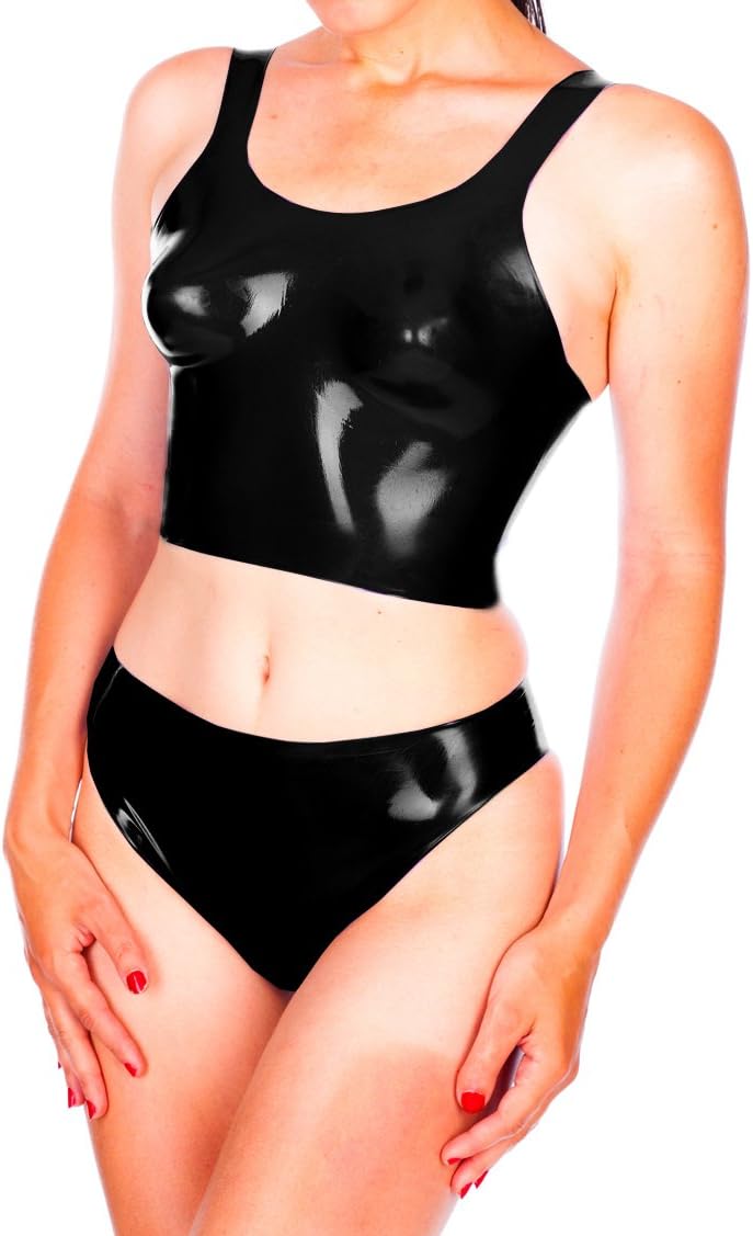 Ladies Latex Rubber Suit Top Sleeveless Vest Navel with Brief Lingerie Sets