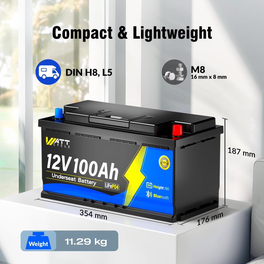 Wattcycle 12V 100Ah LiFePO4 H190 Akumulator Litowy Bluetooth, Wysokość 188 mm, Smart BMS 100A i Ochrona Zimowa, Do 15000 Cykli, Idealny Zamiennik Kwasowo-Ołowiowy Do Kamperów i Systemów Solarnych