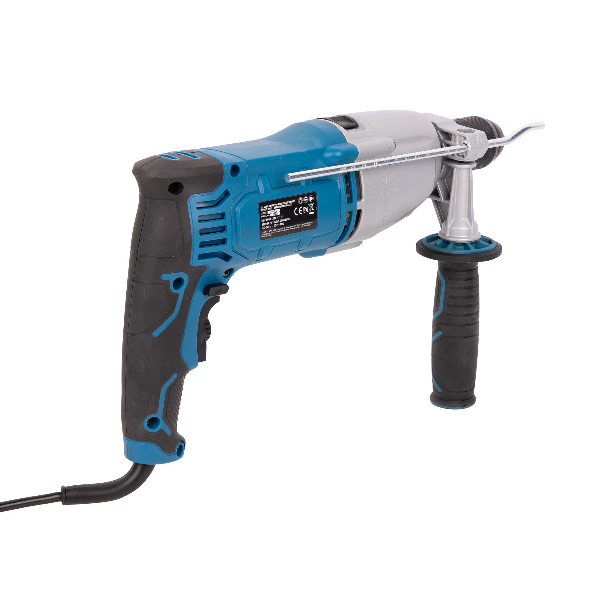 Cofan Taladro percutor con cable 1200 W con 2 velocidades, Portabrocas automático 13 mm, 44800 bpm, empuñadura lateral y barra medidora de profundidad