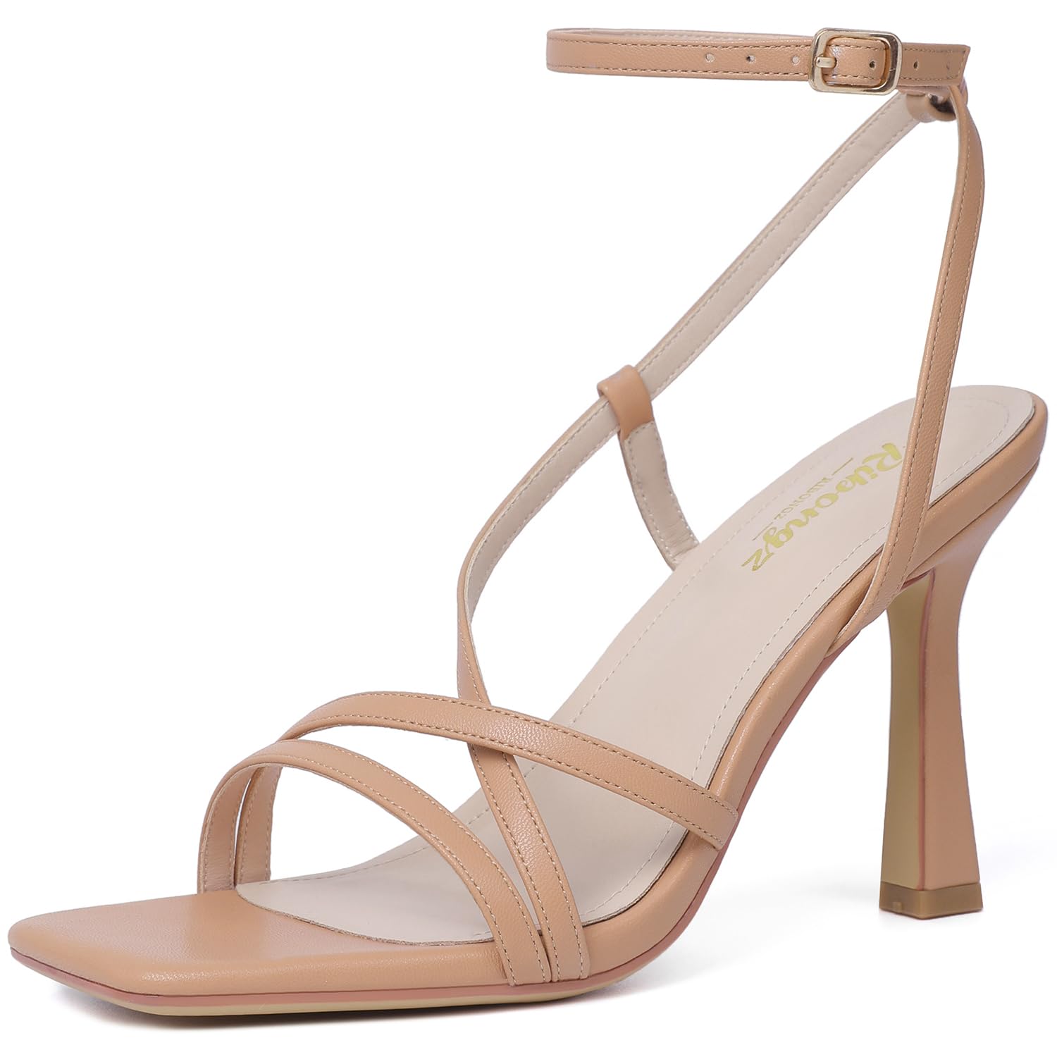 RIBONGZ Nude Strappy Stiletto Kitten Heels Ankle Strap Sexy Heeled Sandals for Women Square Open Toe High Heels Wedding Bride Party Prom Dress Shoes 7.5