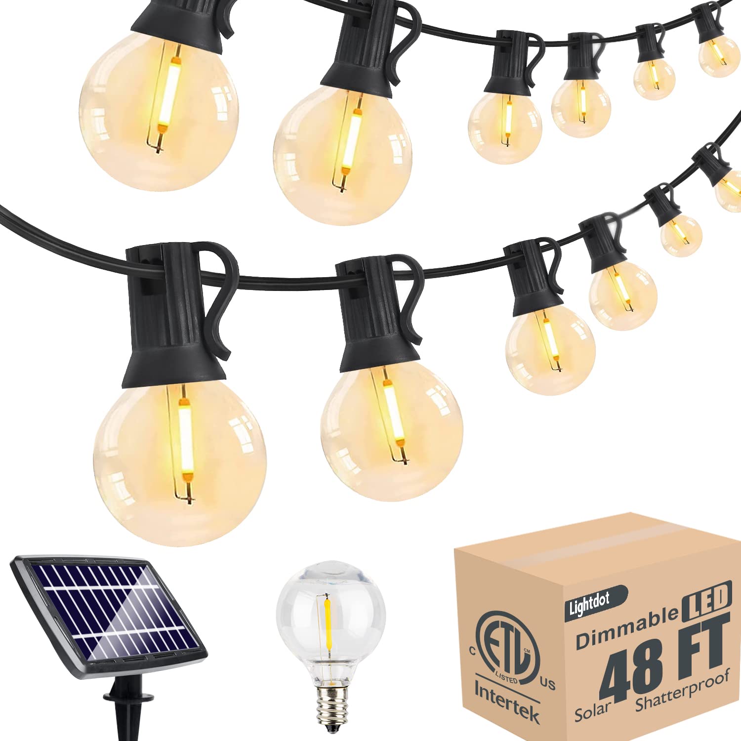 Lightdot 48FT Solar Outdoor String Lights, Waterproof Cafe Patio Lights with Shatterproof LED Bulbs, 2700K Warm White, Cre...