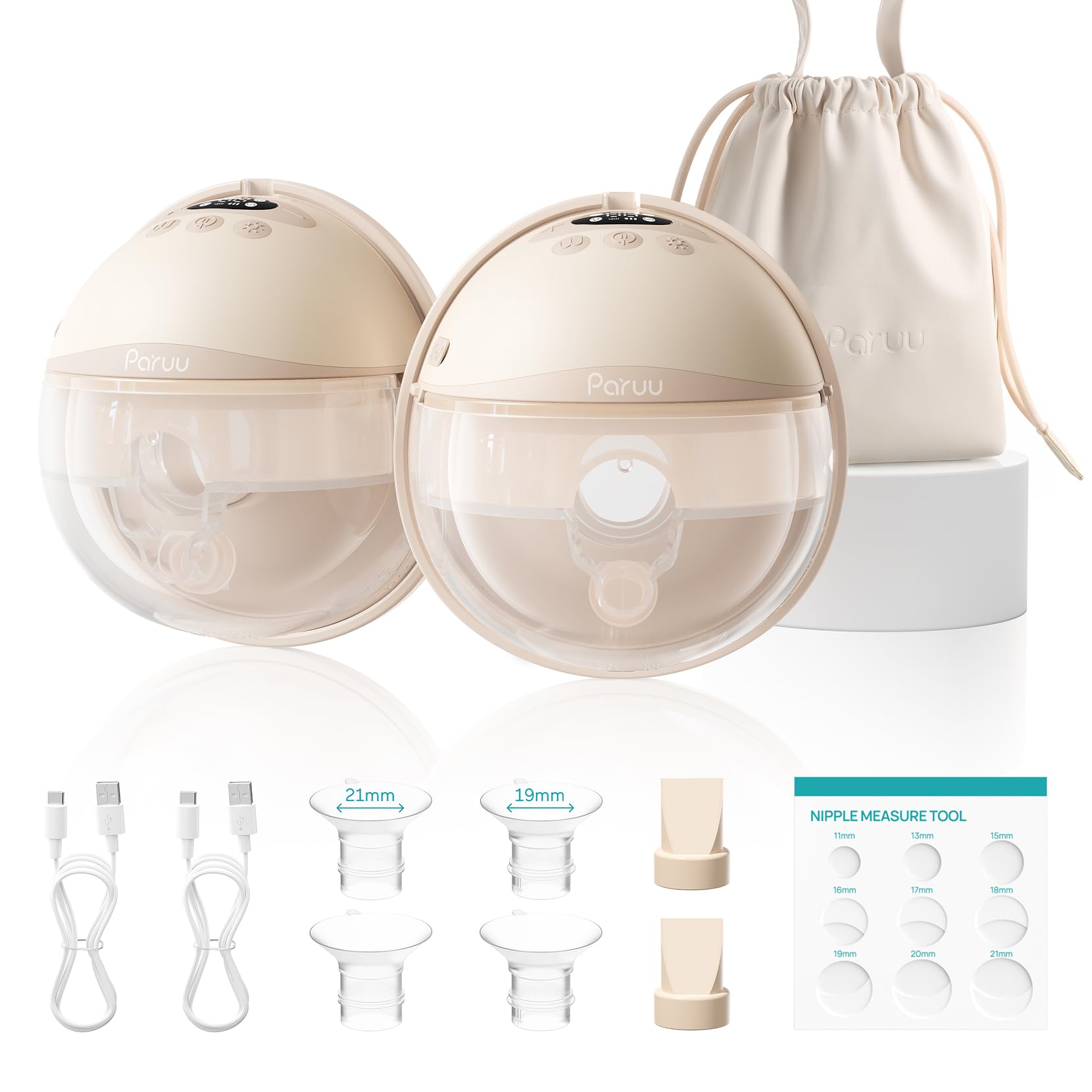 Paruu P16 Pro Sacaleches Electricos Manos Libres, con batería de 160 minutos y luz nocturna, 4 modos y 12 niveles, succión de 309 mmHg, bolsa de almacenamiento y cubierta antipolvo (2, color champán)