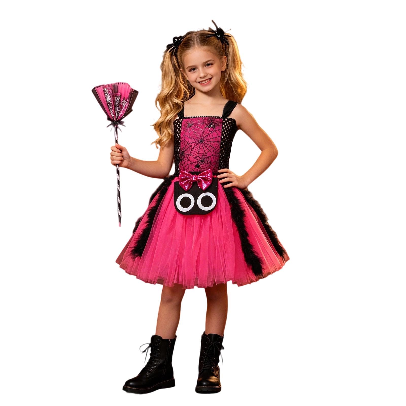 2026 Kid Girls Witch Spider Costume with Broom and Hair Clips Outfit for Carnival Dress Up Party Fancy Dress Parade Tulle Tutu Dress B708
