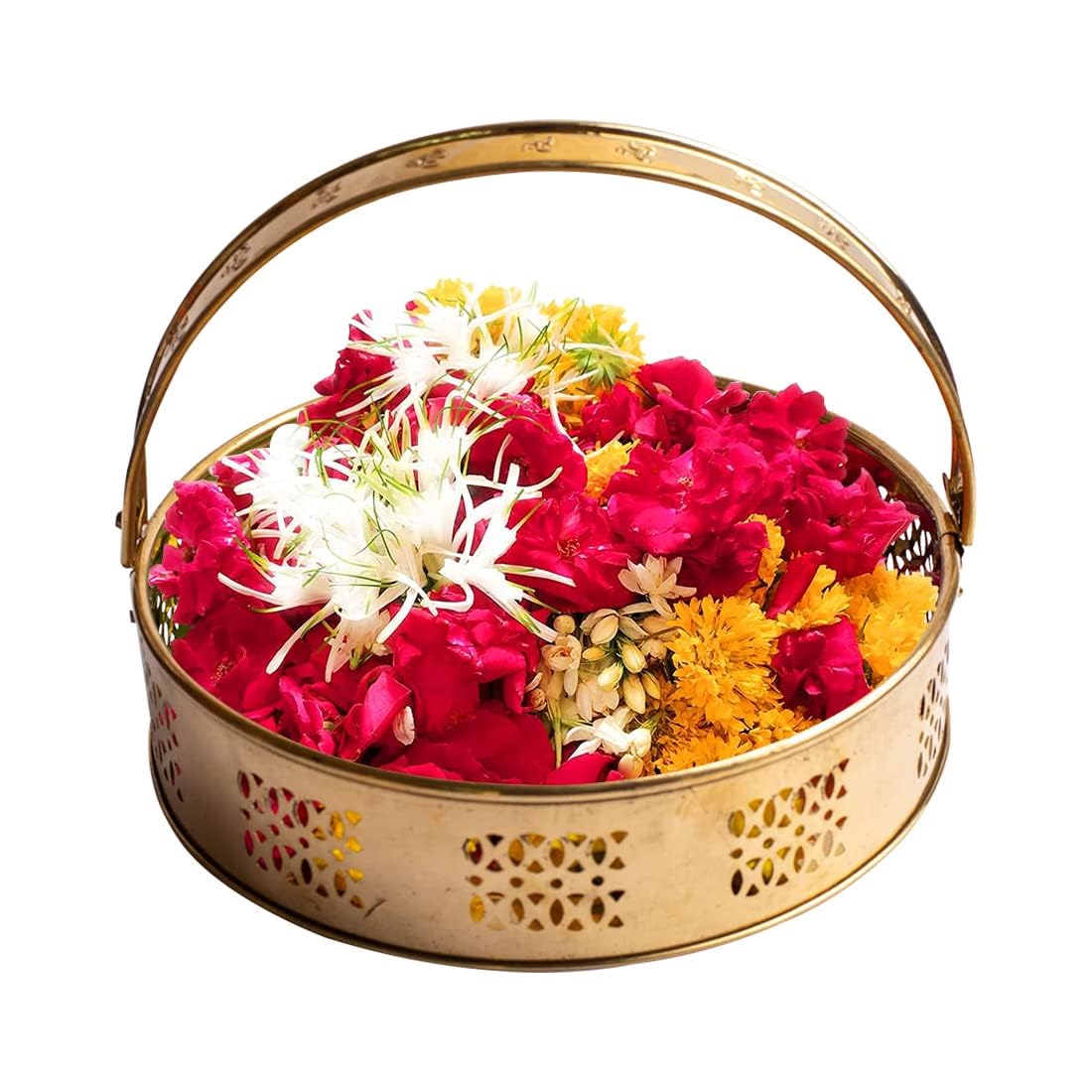 Brass Flower Basket with Handle | Dolchi Basket for Puja Brass Traditional Round Shape Pooja Basket/Pooja Dalia (8 Inch)