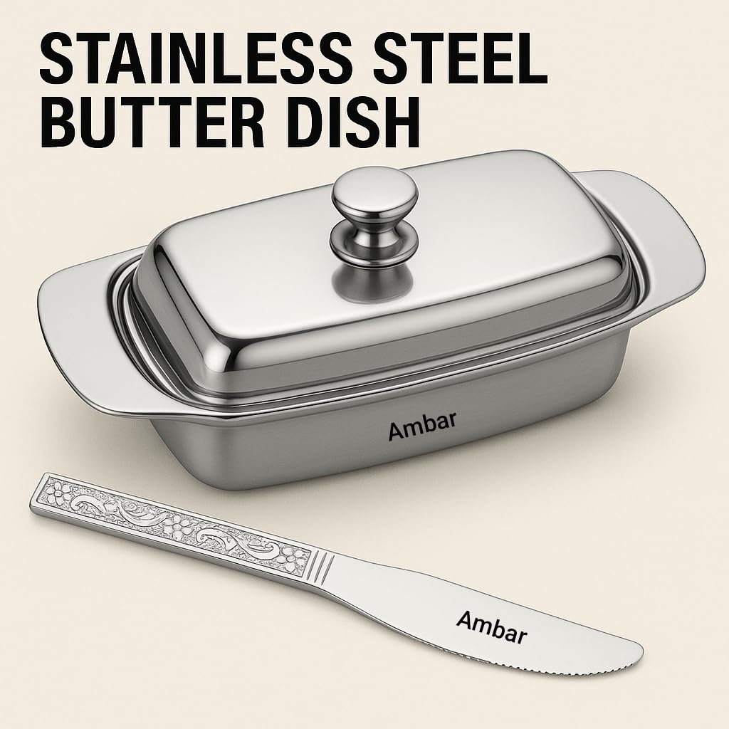 AMBA'R Stainless Steel Butter Dish with Lid, Butter Plate with Free Steel Butter Knife, Stainless Steel Butter Box/Butter Container with Lid 250G. 2