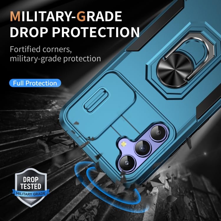 Image of Back Cover Case Compatible for Samsung Galaxy A14 5G with Slide Camera Cover & Rotated Ring Stand | Military Grade Mobile Phone Cover Case for Samsung Galaxy A14 5G (Blue)