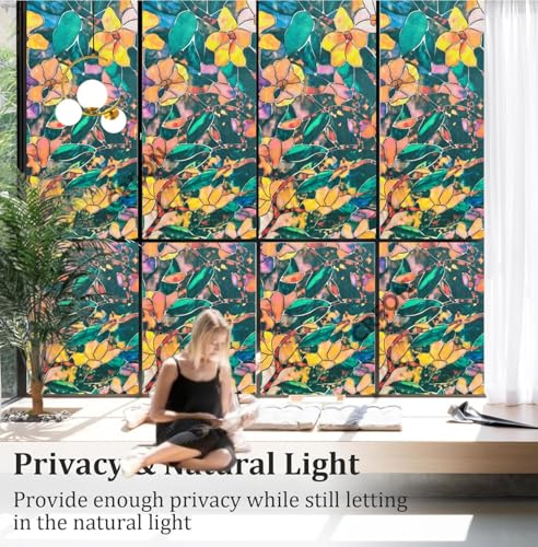 Image of Frosted Privacy Window (12 X 26 Inch) Film with Flower Pattren & Stained Glass Design, Adhesive-Free for Home, Bathroom & Office