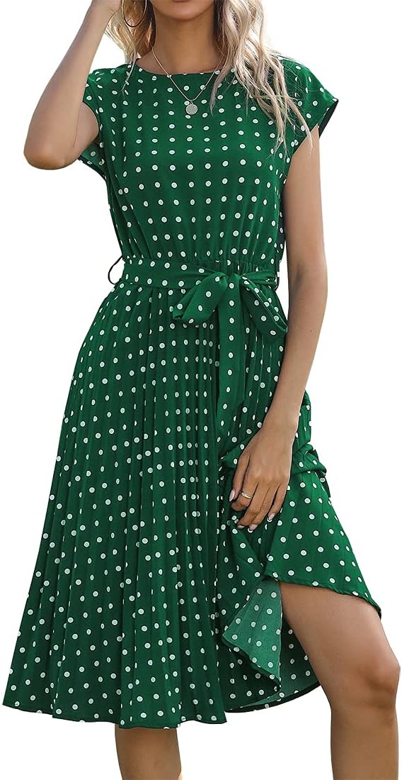 YINGKEWomen's Summer Polka Dot Dress Short Sleeve Pleated Swing Casual Midi Dress with Belt