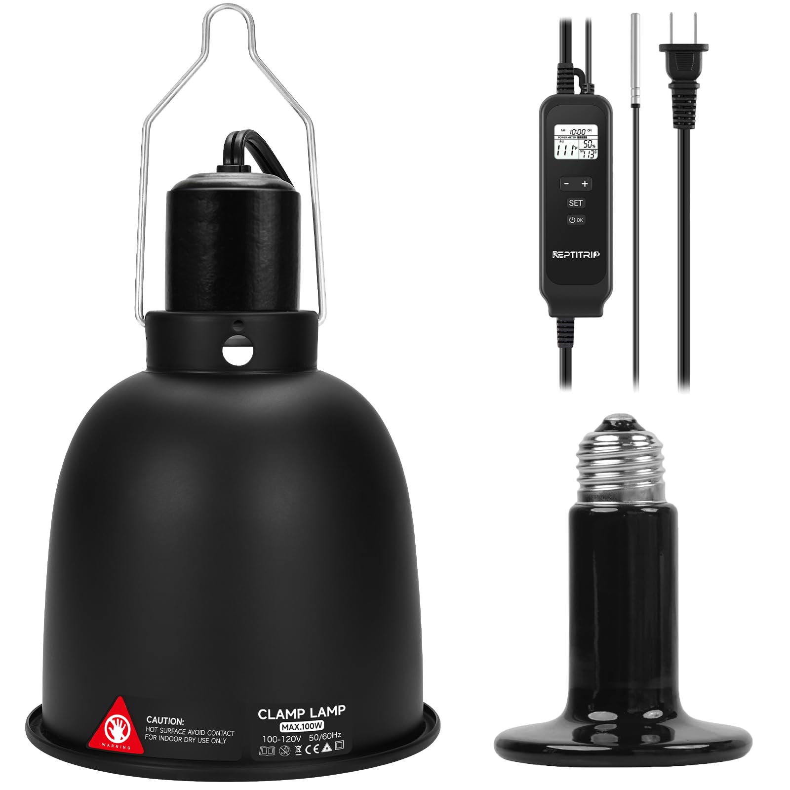 5.5-Inch Reptile Heat Lamp Fixture with PID Thermostat & 100W Ceramic Heat Emitter (Non-Light Emitting), Independent Day & Night Temperatures, Lampshade MAX 100W