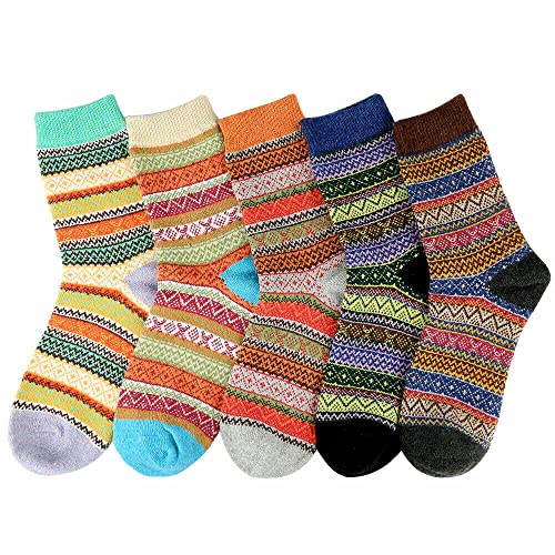 Image of 5 Pack Women's Wool Socks Warm Soft Thick Knit Vintage Style Socks Casual Retro Ladies Thermal Winter Socks Christmas Gift Socks for Women Free Size (Multicolor-001)
