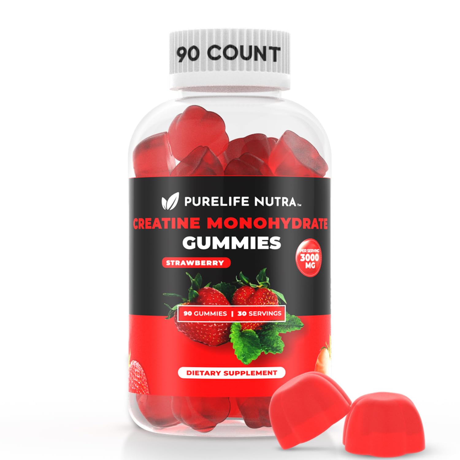 Creatine Monohydrate Gummies - 3g Serving, Sugar Free, 90 Count, Non-GMO, Designed for Men & Women, Gluten Free, Non Bloating - Vegan, Halal, Kosher. (90 Units, Strawberry) Strawberry 1 Count (Pack of 90)