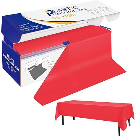 Plastic Table Cover Roll 54in x 100ft, Disposable Tablecloths with Slide Cutter