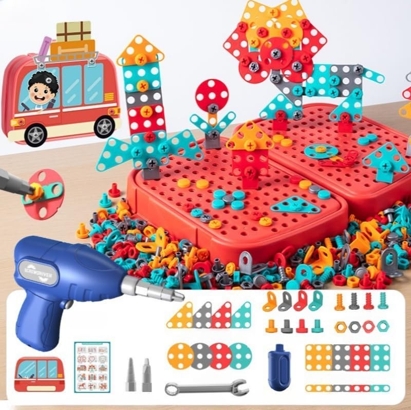 Magic Montessori Play Toolbox for Kids, 450Pcs Dinosaur Toy 2D/3D Creativity Tool Box with Drill,Creative Mosaic Puzzle,Drill Design Puzzle Constructions Toys for 3 Year Old Boy Girl (A-450pcs set)