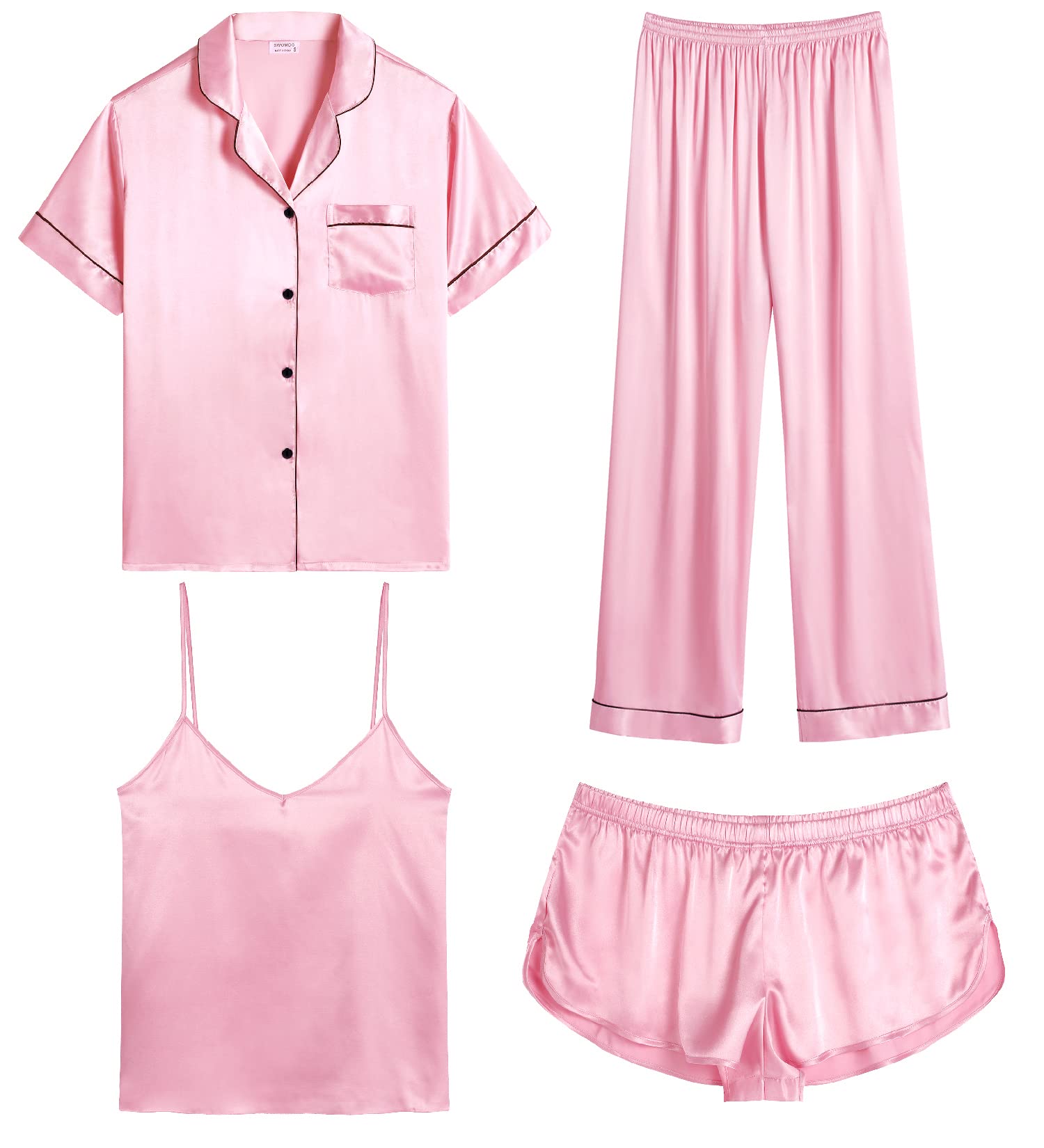 SWOMOG Womens Silk Satin Pajamas Sets 4pcs Sleepwear Sexy Cami Shorts Set and Button Down Short Sleeve Pjs Loungewear