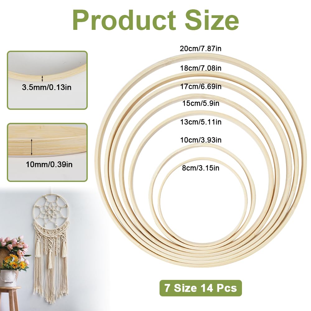 14 Cerchi In Legno Per Acchiappasogni Fai Da Te - Set Anelli Bambù 7 Misure Diverse Per Decorazioni Creative - Foto 5