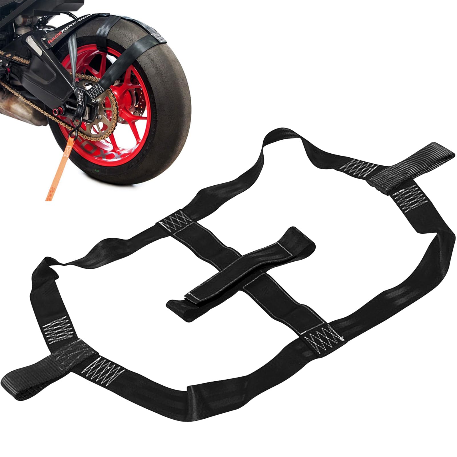 Motortransportbeveiliging, bindriem voor achterwiel, spanriem, sjorsysteem, Tie Down Strap (oranje