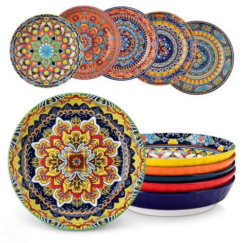 vancasso KRVI Pasta Bowls 32 oz/960 ml Porcelain Salad Bowls Set of 6 Large Corlorful Serving Bowl for Kitchen Dishwasher & Microwave Safe Soup Bowl Set Pasta Plates