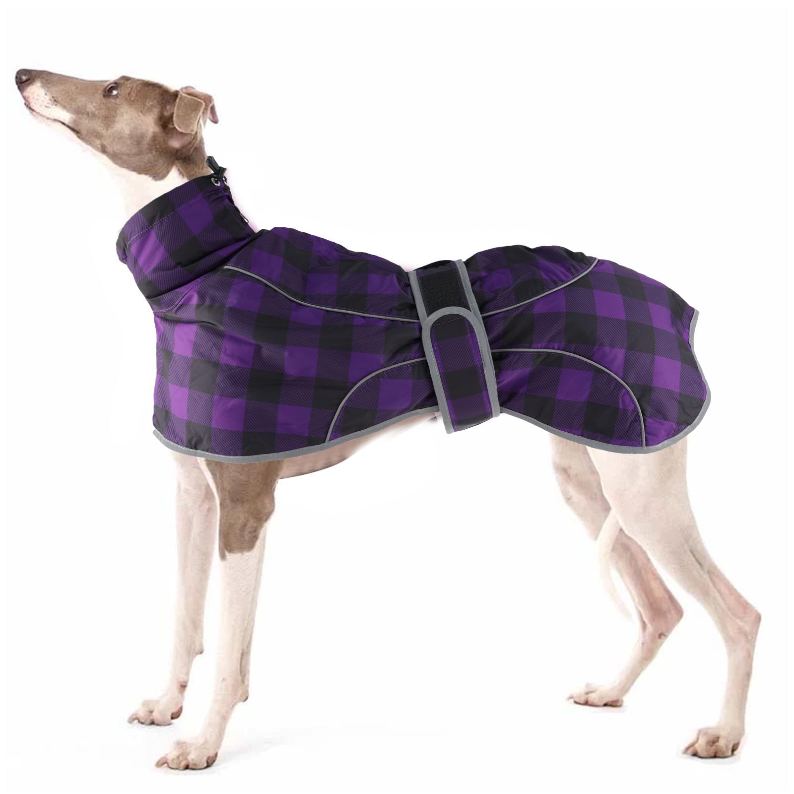 Ctomche Dog Winter Coat Reflective Waterproof with Harness, Warm Fleece Lined Dog Jacket for Cold Weather, Adjustable Dog Coats for Greyhounds, Lurchers and Whippets,Purpleplaid-XXL