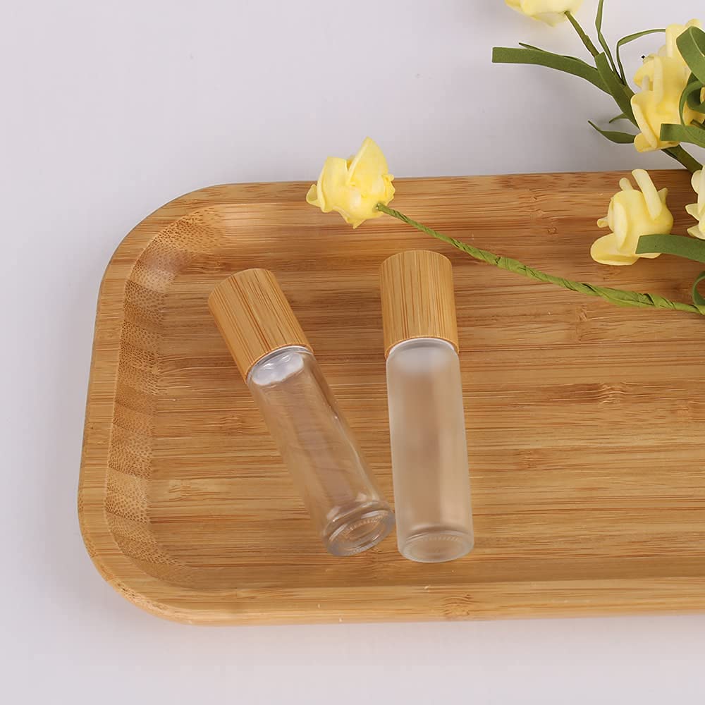 Lot de 18 flacons à bille en verre dépoli avec couvercle en bambou de 10 ml pour huiles essentielles, flacons à bille pour huiles essentielles, 10 ml (givré)