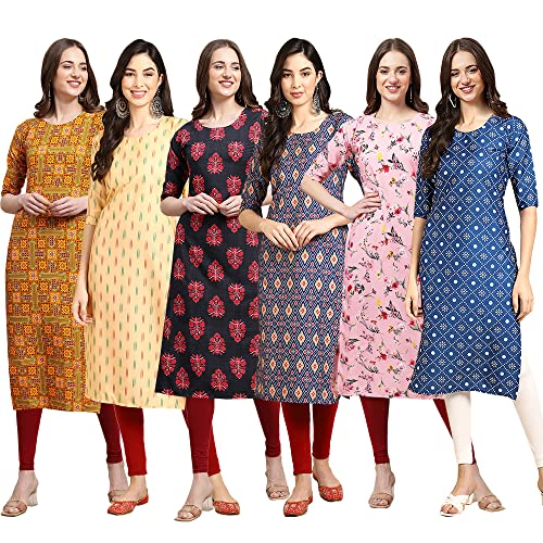 Image of Pinkmint Women's Crepe Digital Print Straight Kurta Pack of 6 [CR-336-370-344-343-328-366]