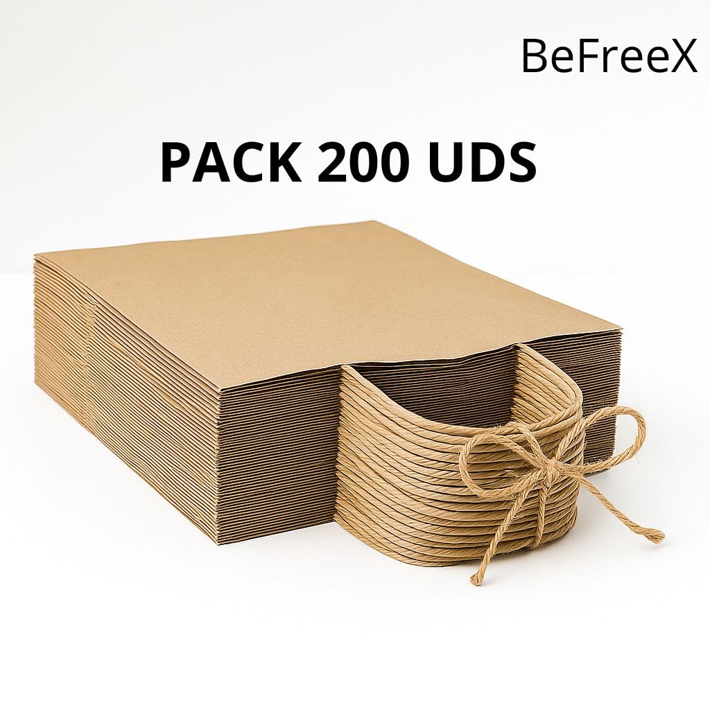 BeFreeX - Bolsas de papel kraft con asa rizada 24×11×32 cm | Pack 200 unidades | Bolsas papel pequeñas para regalo | Resistentes, personalizables y ecológicas