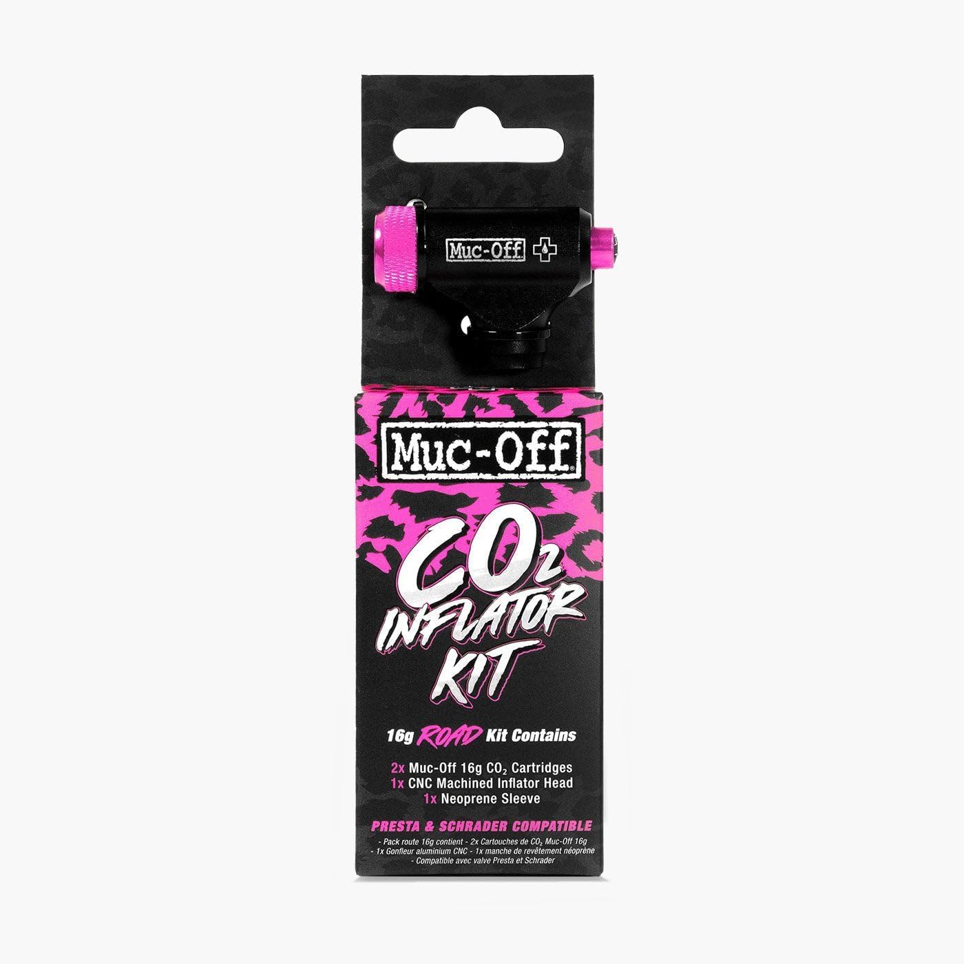 Muc-Off CO2 Inflator Kit, Road - Presta and Shrader Compatible CO2 Bike Pump - Bike Tyre Inflator with CO2 Cartridges for Road Bikes, Black/Pink