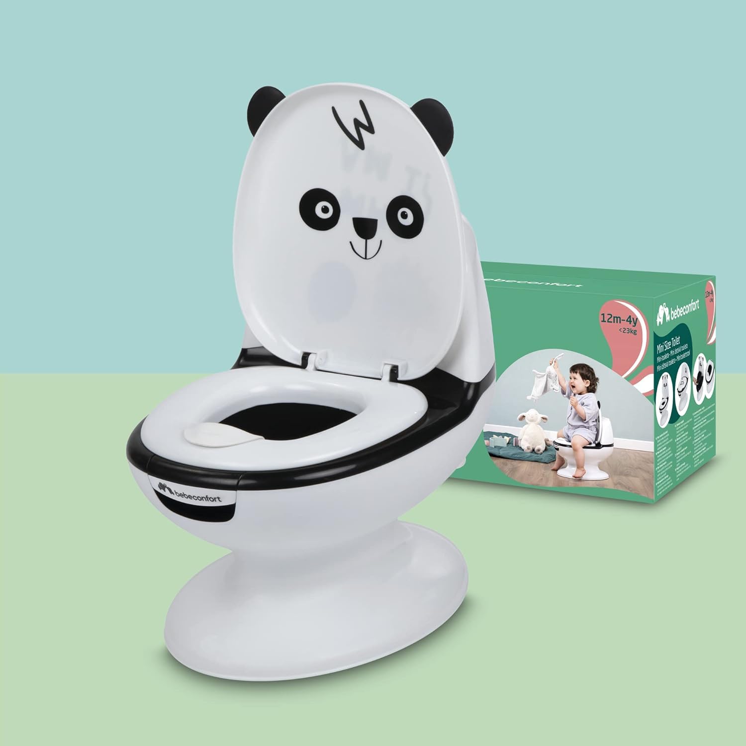 Bebeconfort Pot Bébé Toilette, Siège d'Apprentissage de la Propreté, 1-4 ans, 0-20 kg, Pare-Éclaboussures, Vrai Son de Chasse d'Eau, Cuvette Amovible, Facile à Nettoyer, Panda