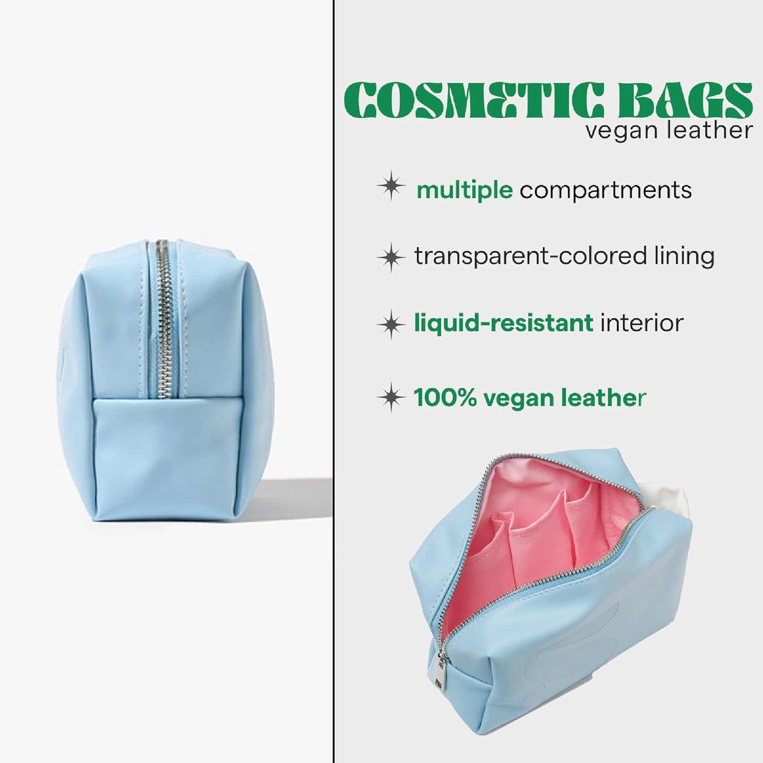 SARELLY, Mini Makeup Bag, Blue Vegan Leather with Compartments, Leak-proof, Sarelly Creativo Lab