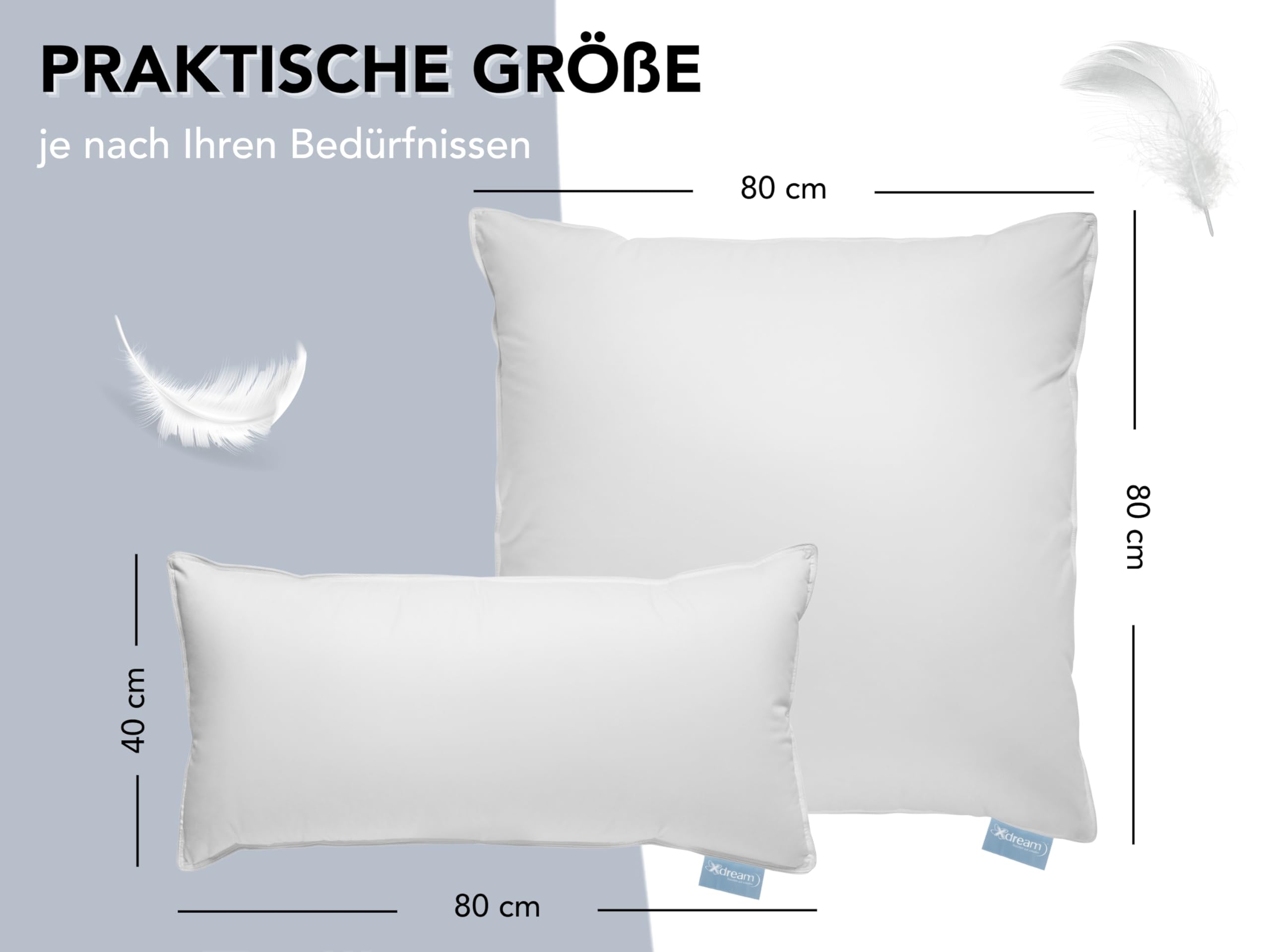 XDREAM Premium Daunenkissen 2er Set Federkopfkissen | Hülle: 100% Baumwolle | Füllung: 100% Daunen & Federn | Füllgewicht je Kissen: 550 g | 40 x 80 cm