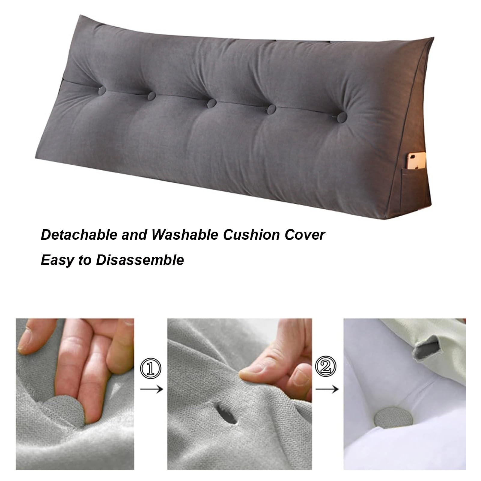 Cuscino a cuneo per testiera, versatile cuscino per la lettura a due letti con fodera rimovibile e tasca laterale, grande cuscino triangolare a due letti per sedersi a letto(Yellow,180*50*20cm)