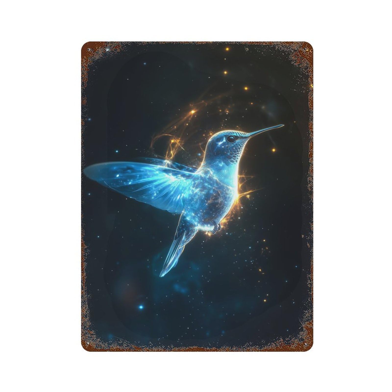 Hummingbird in Stardust 15.7"x11.8" Rust Effect Tin Sign, Rustic Home Decor for Office, Studio And Wall Decor
