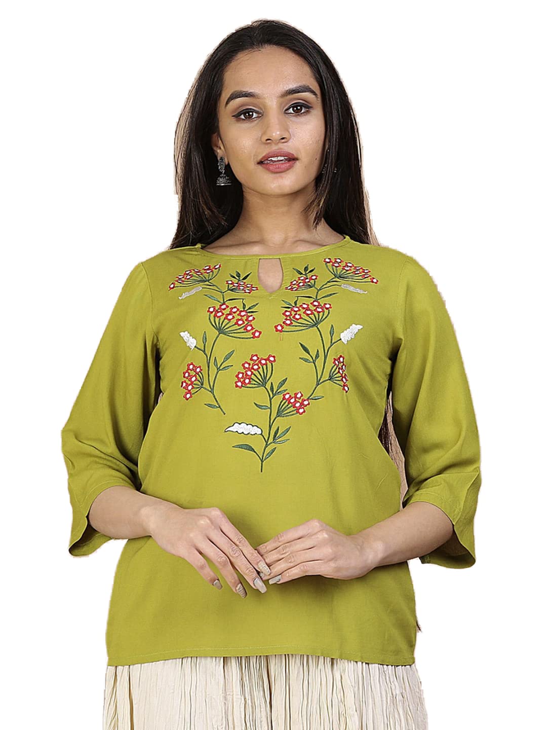 Olive Floral Embroidery Panelled Top