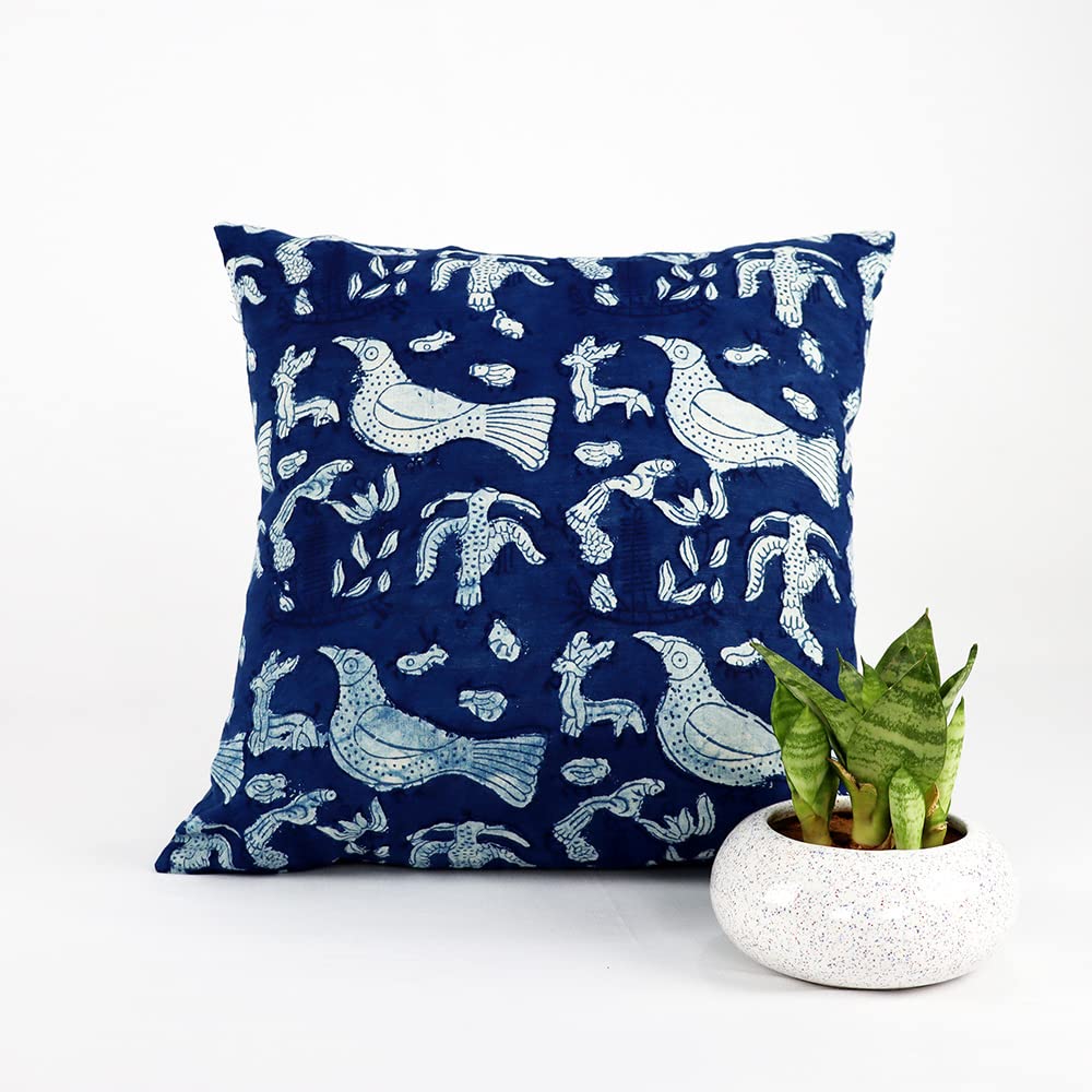 COTTON QUILT Hand Crafted Indigo Bird Printed Cushion Cover Pure Cotton Fabric Block Printed Cushion Cover(16x16 inches) (2) CDHAMIN-CC-CTIN001