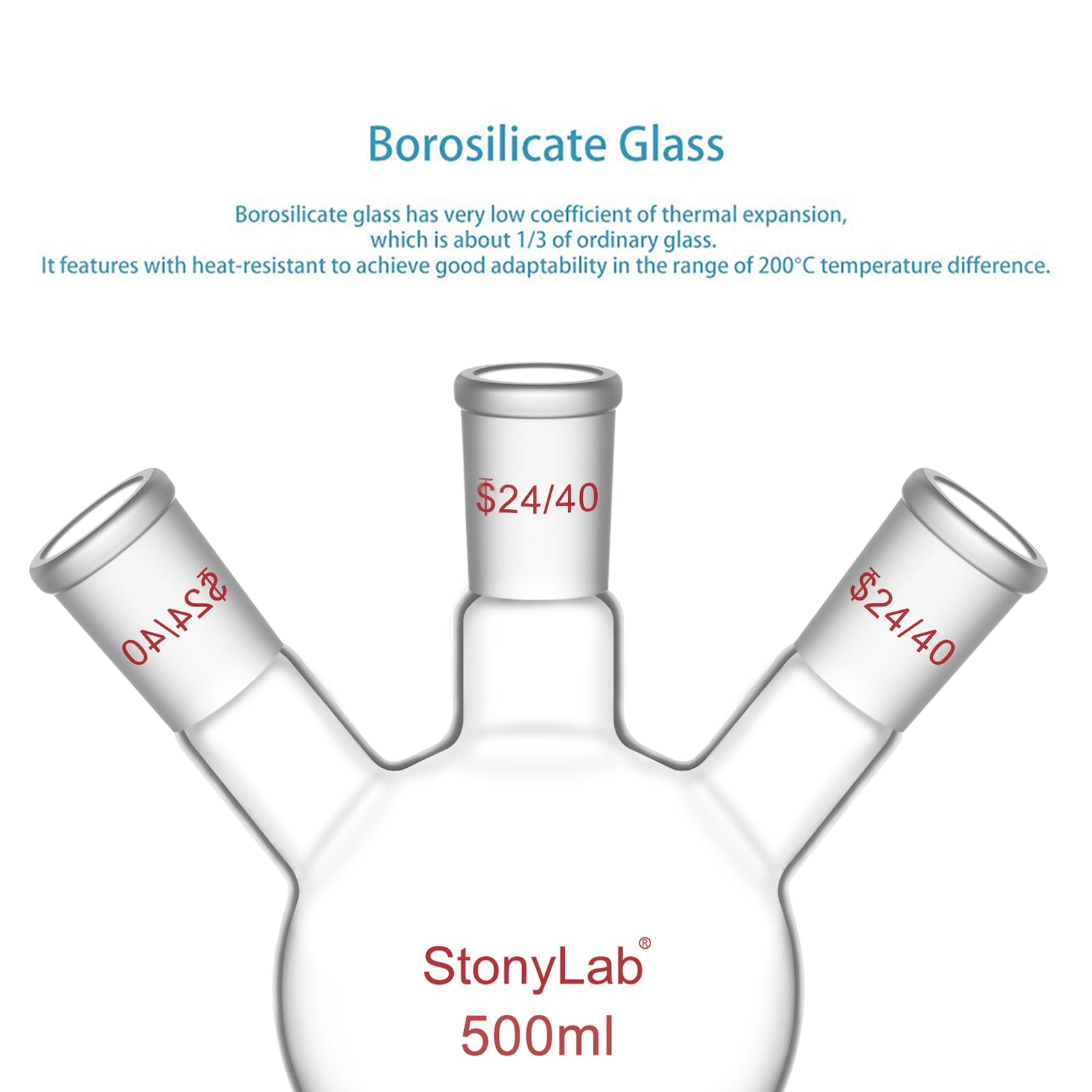 stonylab Fiole à Fond Plat à 3 Cols, Verre Borosilicate, Joint Standard 24/40, Fiole de Réaction de Laboratoire de Chimie, Capacité 500 ml