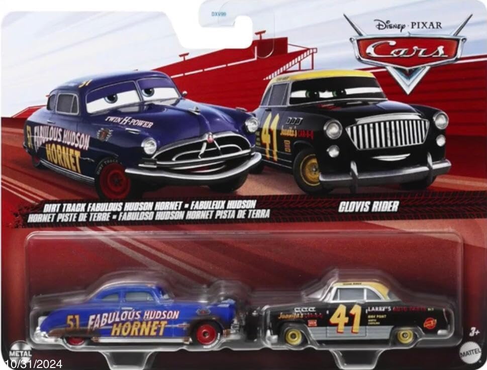 Mattel Cars 3 Diecast Metal Dirt Track Fabulous Hudson Hornet and Clovis Rider, 1:55 Scale, 2-Pack