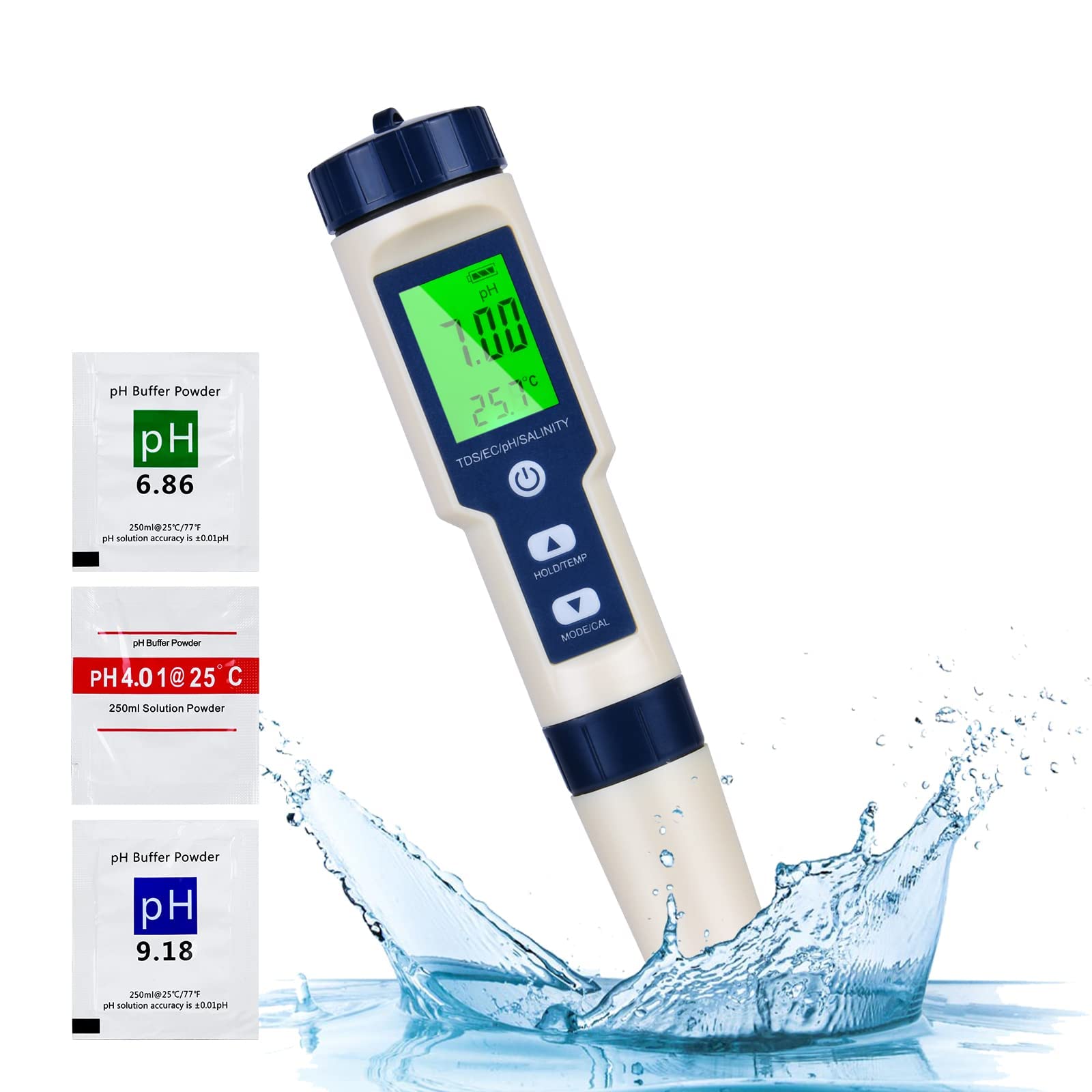 Flintronic Misuratore PH, 5 in 1 TDS/EC/Salinità/Temp/PH Tester Piscina, Misuratore Digitale PH, Automatica Compensazione della Temperatura, Accurata Display LCD, per Piscina, Spa