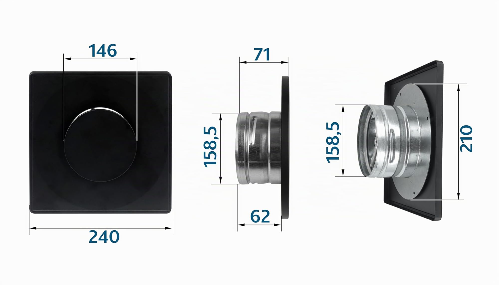 SYSTERM Lüftung Belüftungs-Tellerventil Shwarz Quadratisch Tellerventil Abluftventil oder Zuluftventil Metall mit Montagering Anemostat Deckenventil Lüftungsventile (160 mm)