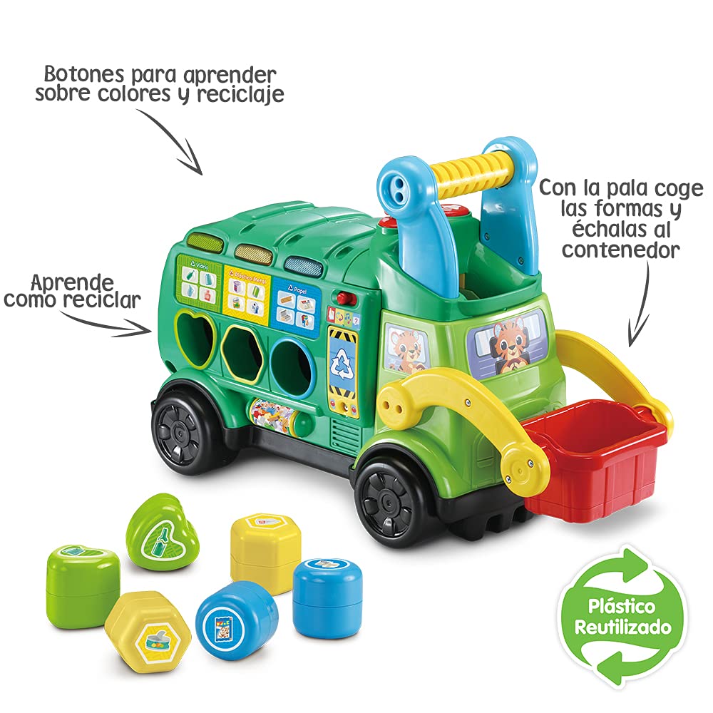 VTech - Camión de Reciclaje, Juguetes ecológicos para niños +18 Meses, Aprende a Reciclar, correpasillos montador Fabricado en plástico reutilizado - Versión ESP (3480-541822)