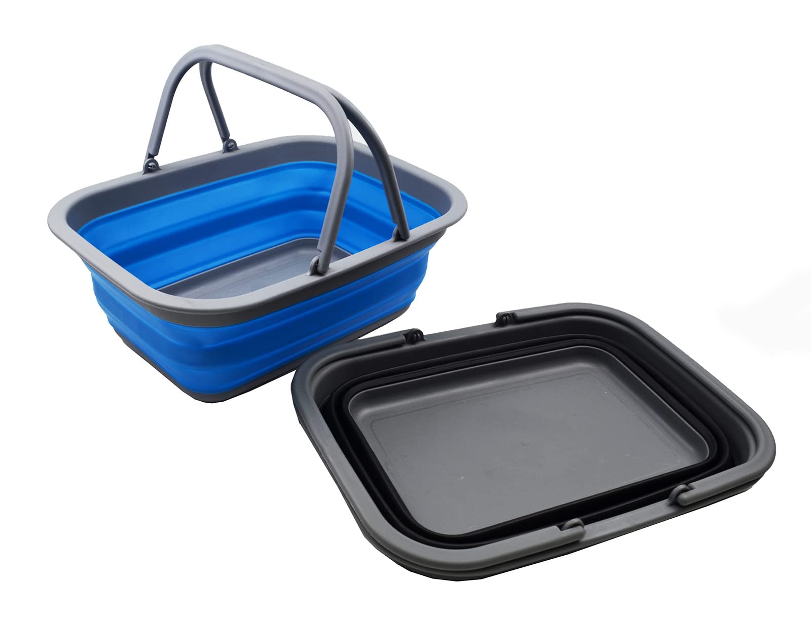 SAMMART Bañera plegable de 9.2 L con asa, cesta portátil de picnic al aire libre, bolsa de compras plegable, contenedor de almacenamiento para ahorrar espacio (negro y azul, 2)