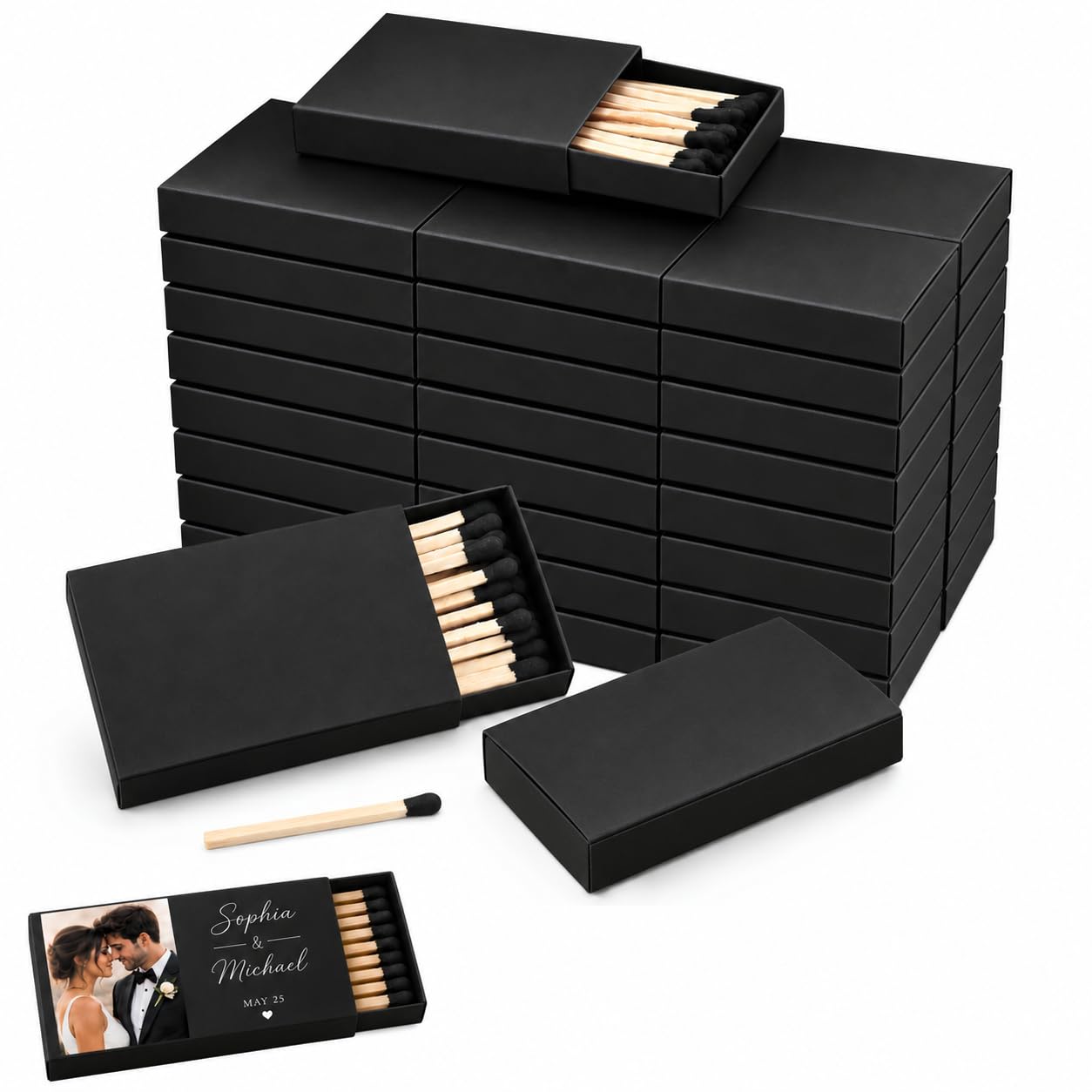 250 Blank Boxes Matte Black on Black Wooden Matches | Strike on Box Matchboxes DIY Wooden Matchsticks | Wedding Party Event Favors to Customize