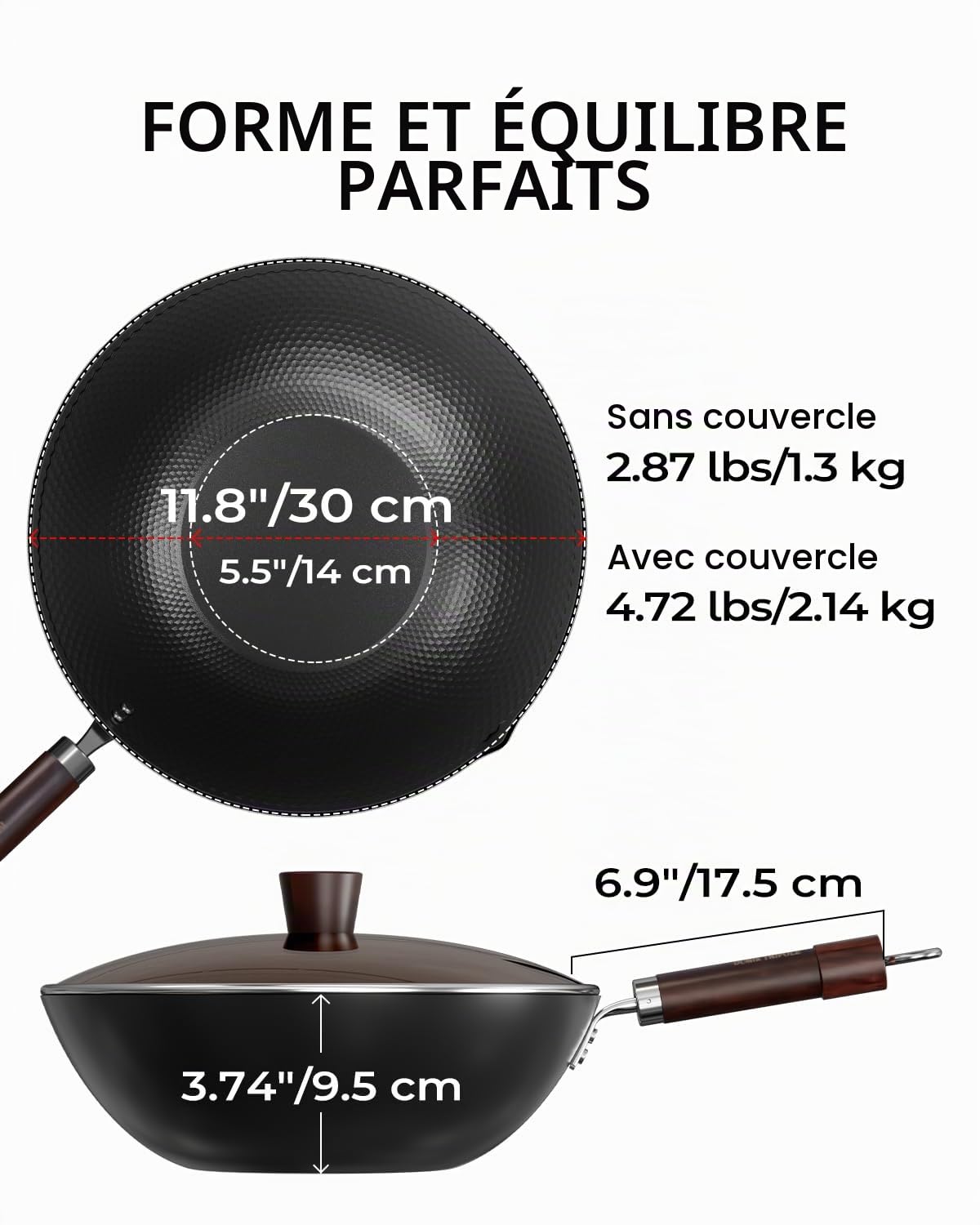 Wok induction 30 cm en acier carbone préculotté avec couvercle en verre