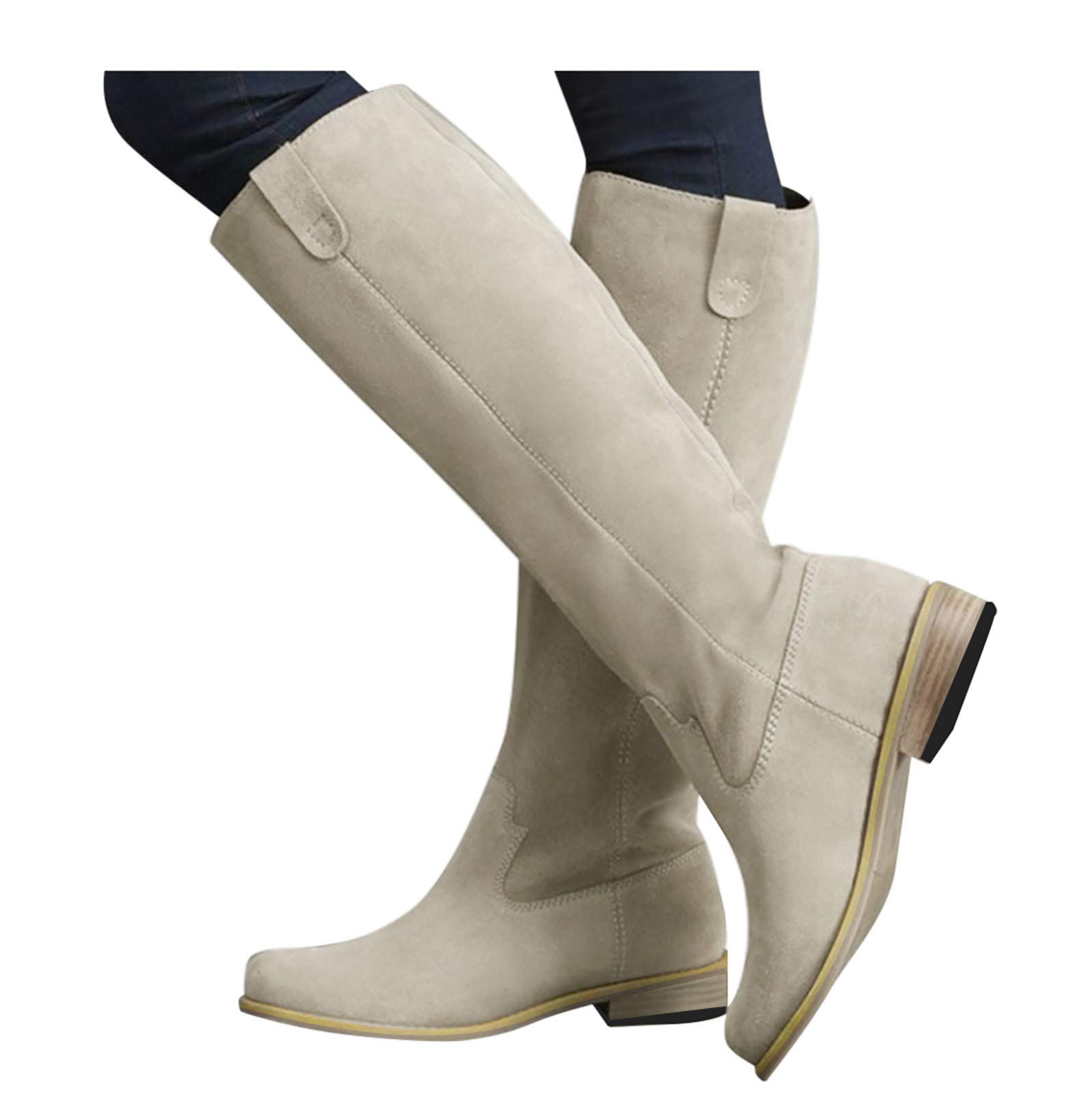 Stivali Donna Moda Pelle Tacco Basso Scarpe con Punta Tonda Slip-On Comodo Western
