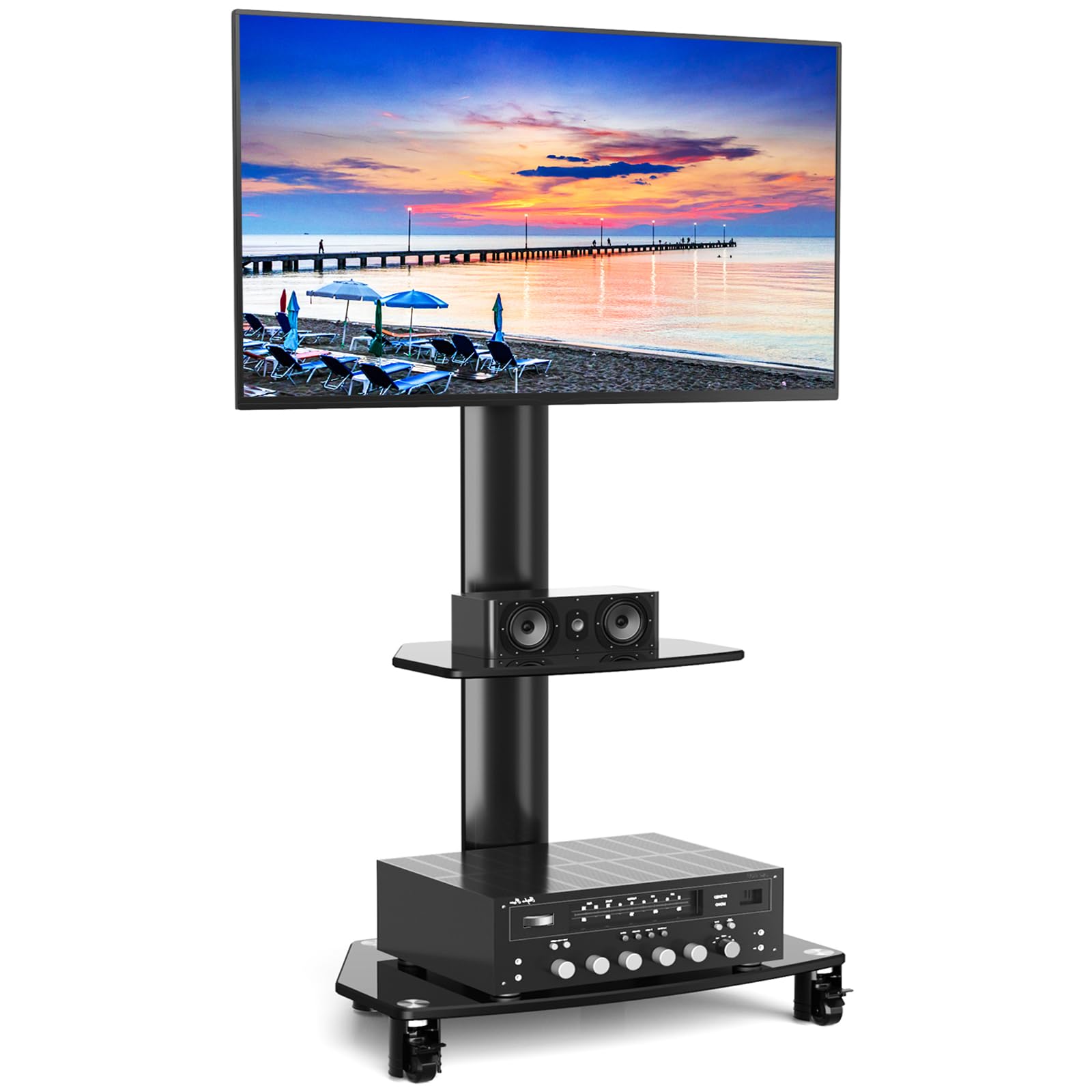 Rfiver Black Swivel Tv Stand On Wheels For 27"- 65" Tv, Height Adjustable Mobile Tv Cart Trolley Holds 50Kg For Flat&Curved Screen Max Vesa 400X400mm