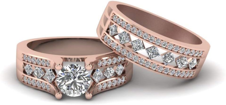 Choose Your Gemstone Triple Streak Set Rose Gold Plated Round Shape Wedding Ring Sets for Women, Bridal, Wedding, Engagement, Anniversary, Birthday, US Size 4 to 12
