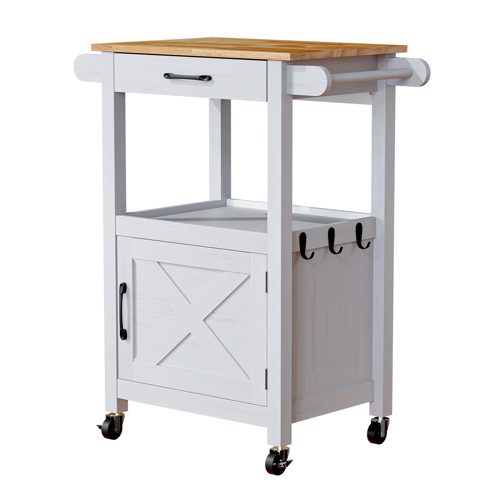 Bonnlo Kitchen Island on Wheels with Barn Door, Rolling Kitchen Trolley Cart with Drawer & Towel Rail, Mobile Storage Cabinet for Kitchen, Dining, Living Room, white