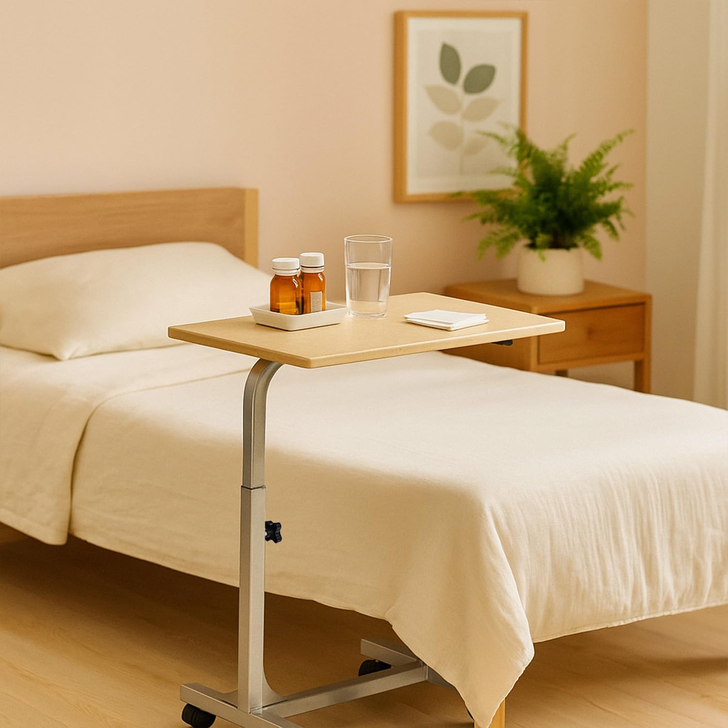 Table de Chevet Médicale à Hauteur Réglable pour les Hôpitaux et les Maisons avec Base Stable et Roulettes Verrouillables pour les Repas et les Médicaments des Patients Personnes Âgées