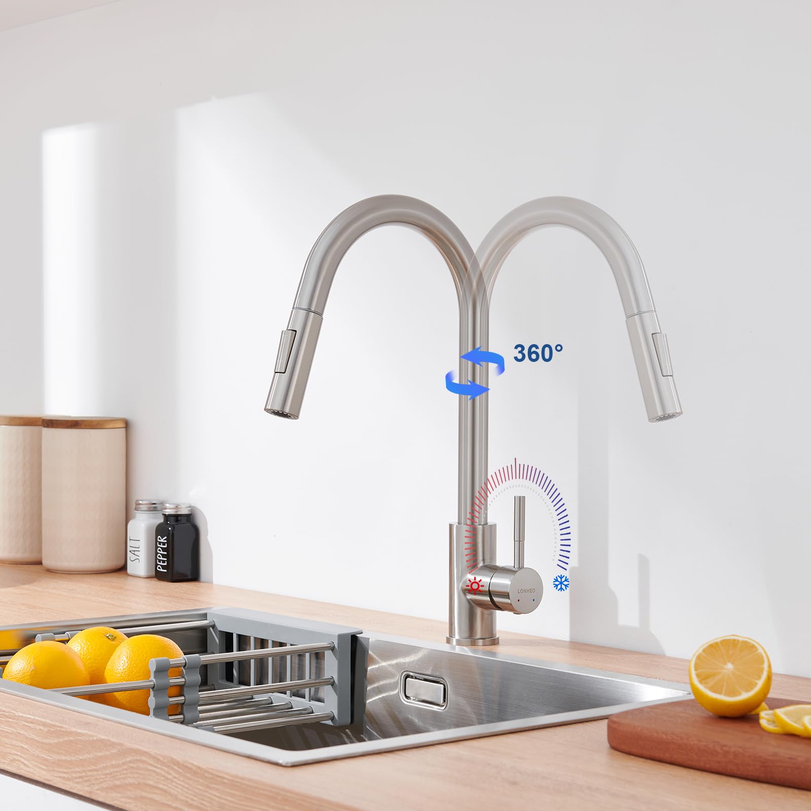 Lonheo Grifo Cocina Extraible, Grifos Cocina Fregadero con 2 Modos de Flujo de Agua, Grifo de Cocina Alto con Caño Giratorio a 360°, Torneira Cozinha Monomando de acero inoxidable